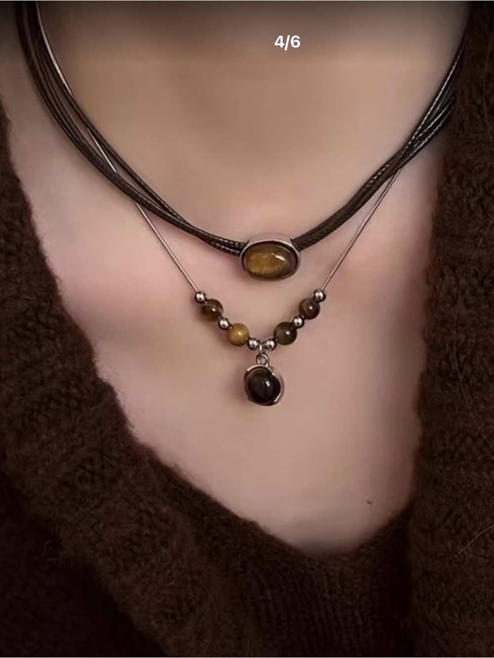 Layered Brown Stone Corded Pendant Necklace Set with Separate Beaded Necklace